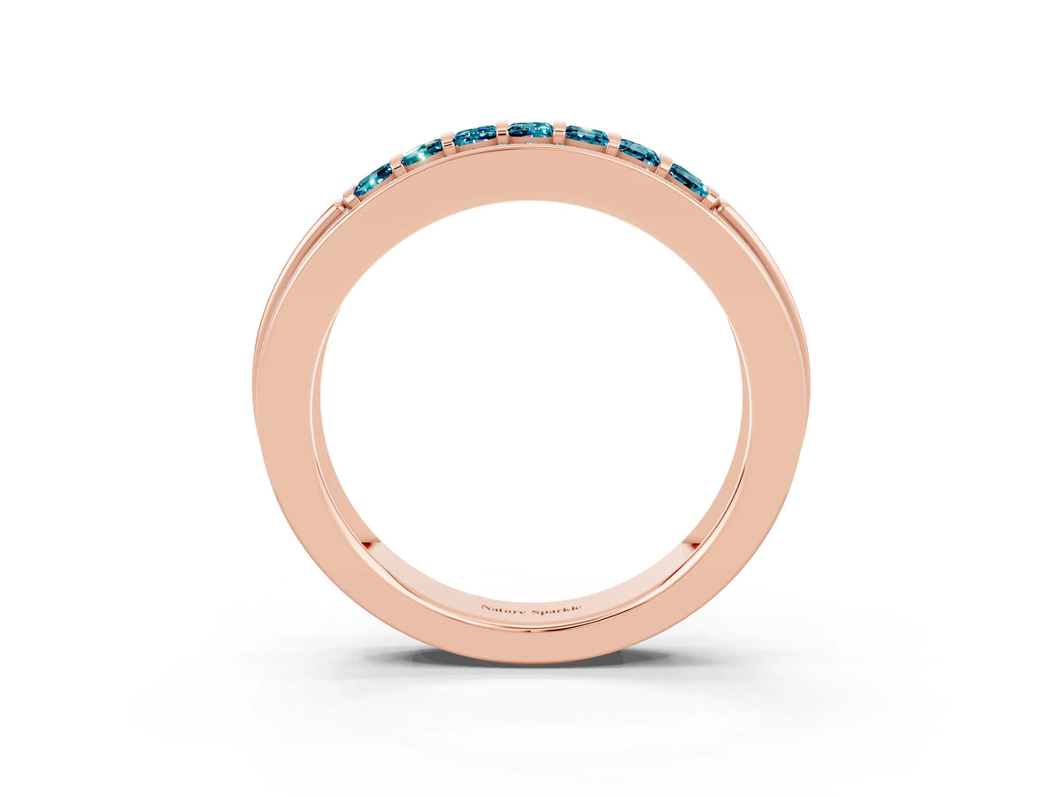 Princess Cut Blue Topaz Bar-Set Pavé Band in Rose gold with Grooved Edge Detailing_3
