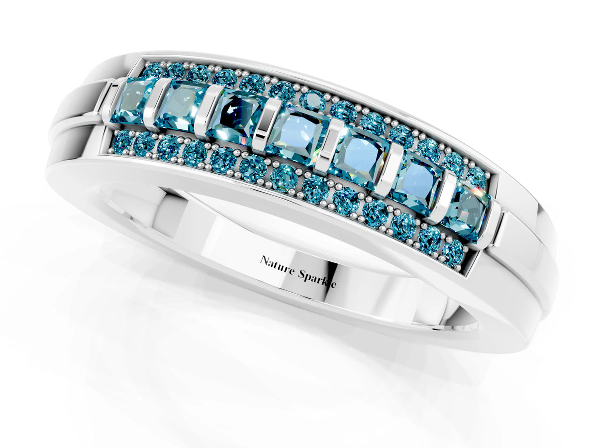 Princess Cut Blue Topaz Bar-Set Pavé Band in Silver with Grooved Edge Detailing_1
