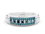 Princess Cut Blue Topaz Bar-Set Pavé Band in White gold with Grooved Edge Detailing