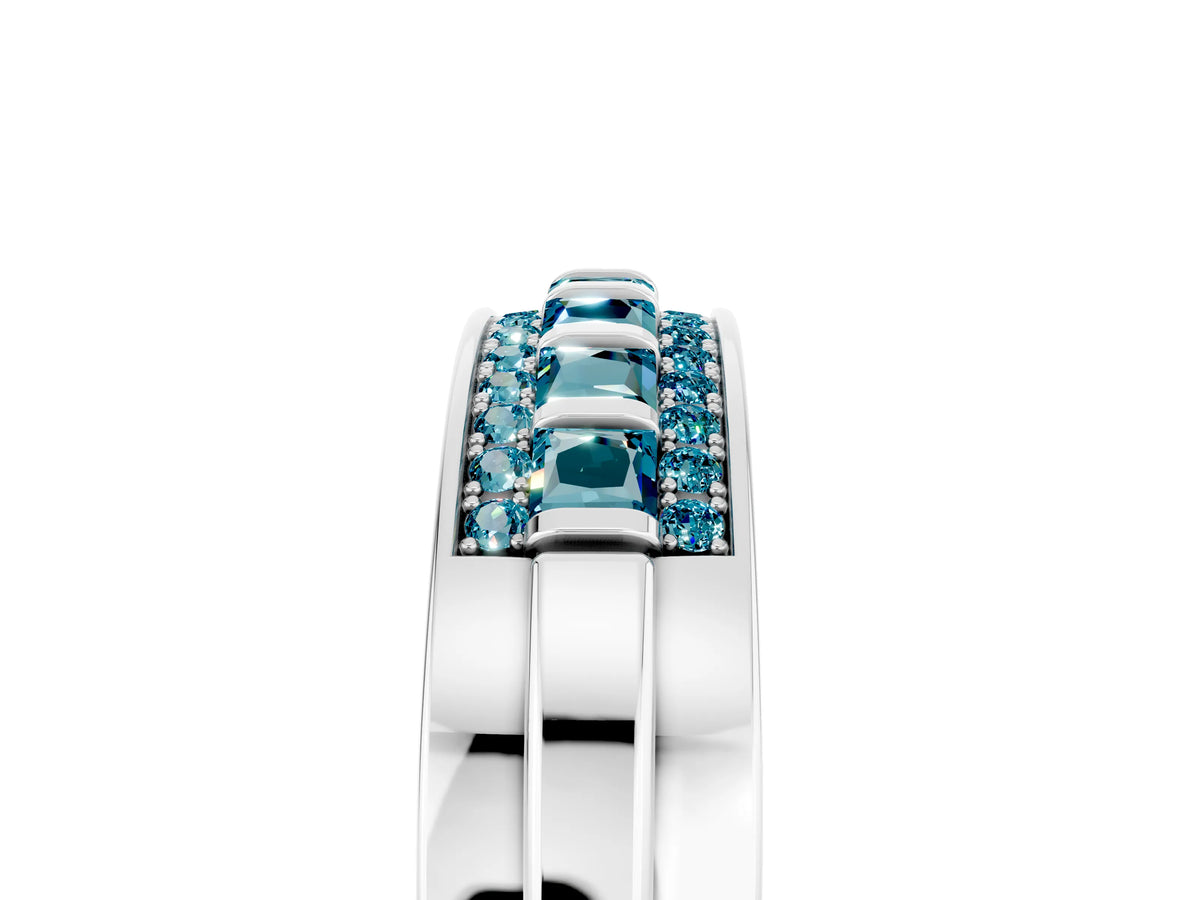 Princess Cut Blue Topaz Bar-Set Pavé Band in White gold with Grooved Edge Detailing_5