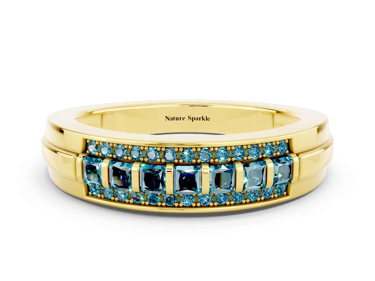 Princess Cut Blue Topaz Bar-Set Pavé Band in Yellow gold with Grooved Edge Detailing