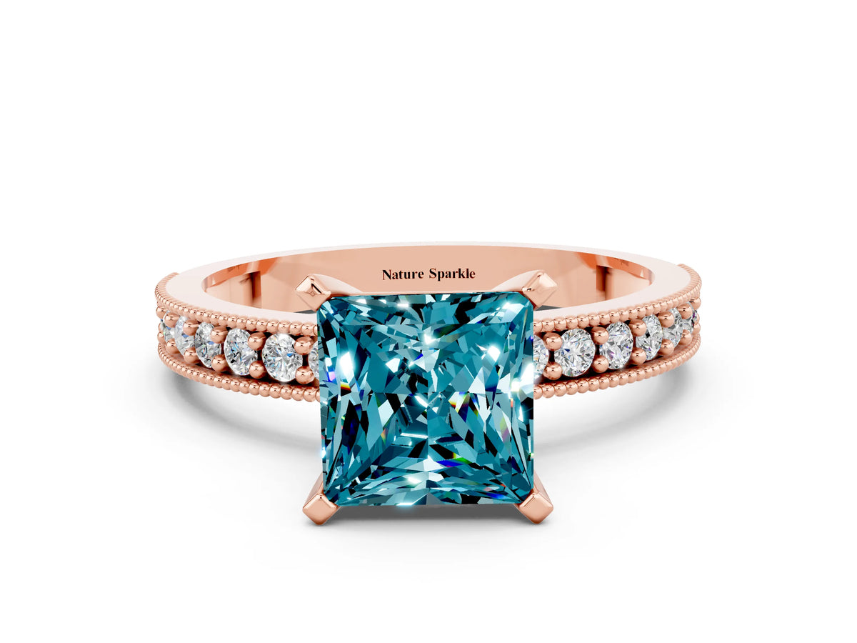 Princess Cut Blue Topaz Milgrain Pavé Engagement Ring in Rose gold with Prong Setting