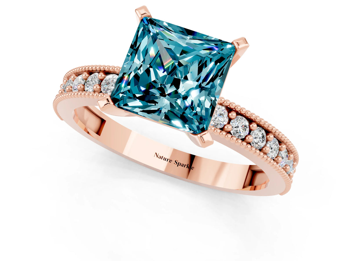 Princess Cut Blue Topaz Milgrain Pavé Engagement Ring in Rose gold with Prong Setting_1