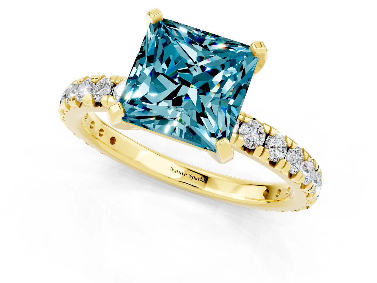 Princess Cut Blue Topaz Pavé Solitaire Ring in Yellow gold with Round Pavé Band and Prong Setting_1