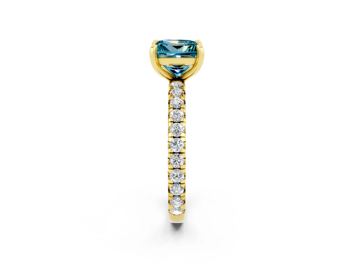 Princess Cut Blue Topaz Pavé Solitaire Ring in Yellow gold with Round Pavé Band and Prong Setting_2