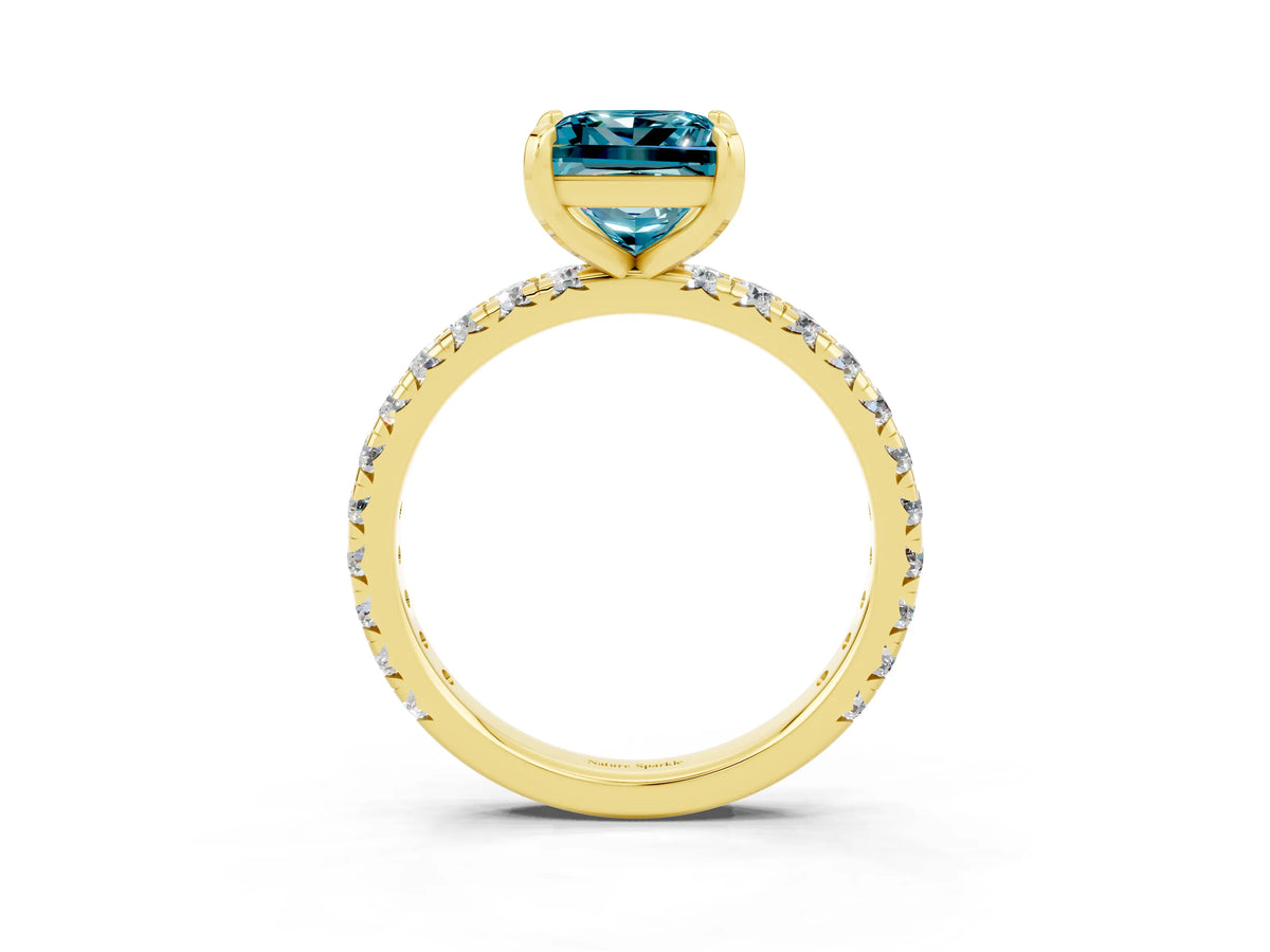 Princess Cut Blue Topaz Pavé Solitaire Ring in Yellow gold with Round Pavé Band and Prong Setting_3