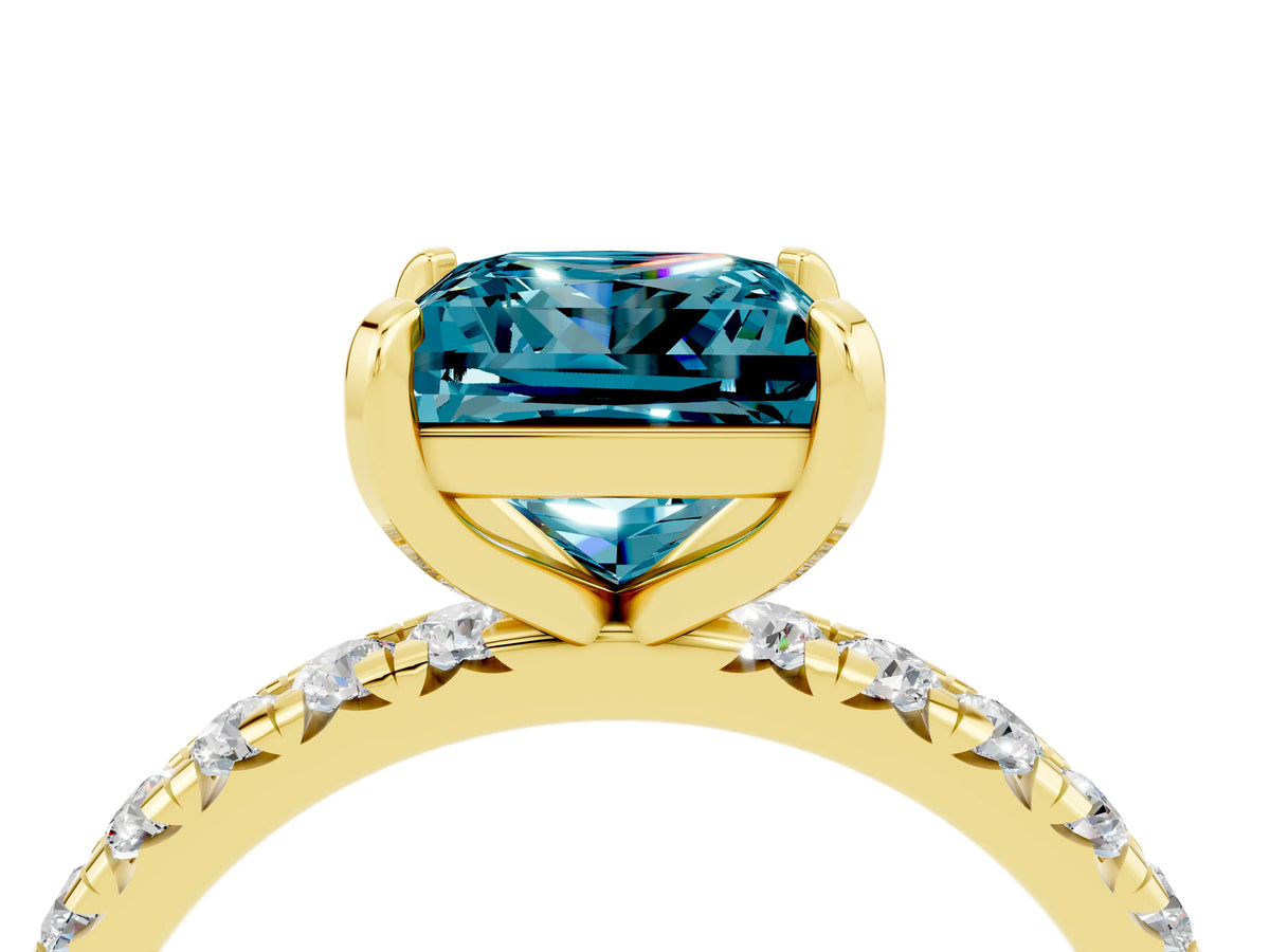 Princess Cut Blue Topaz Pavé Solitaire Ring in Yellow gold with Round Pavé Band and Prong Setting_4