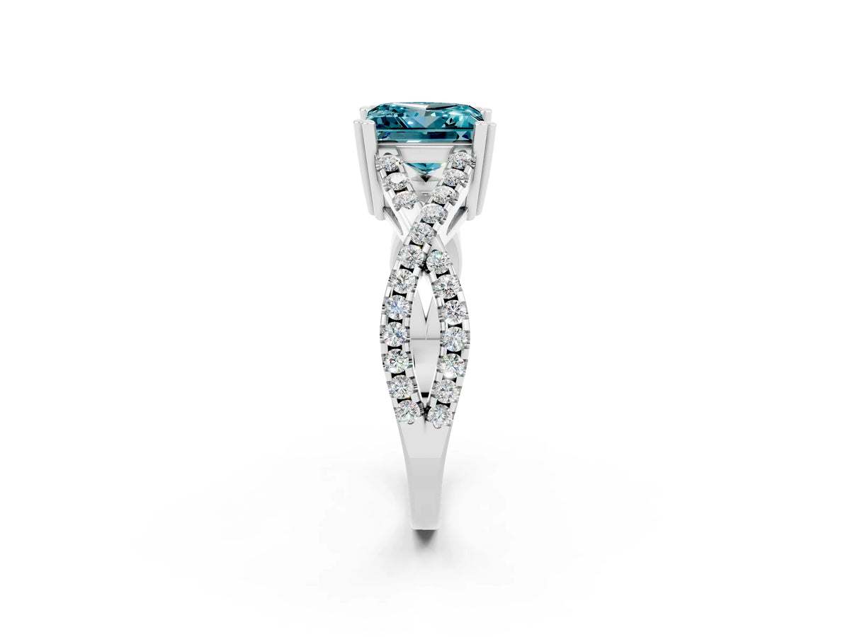 Princess Cut Blue Topaz Solitaire Ring in White gold with Interwoven Pavé Band and Prong Setting_2