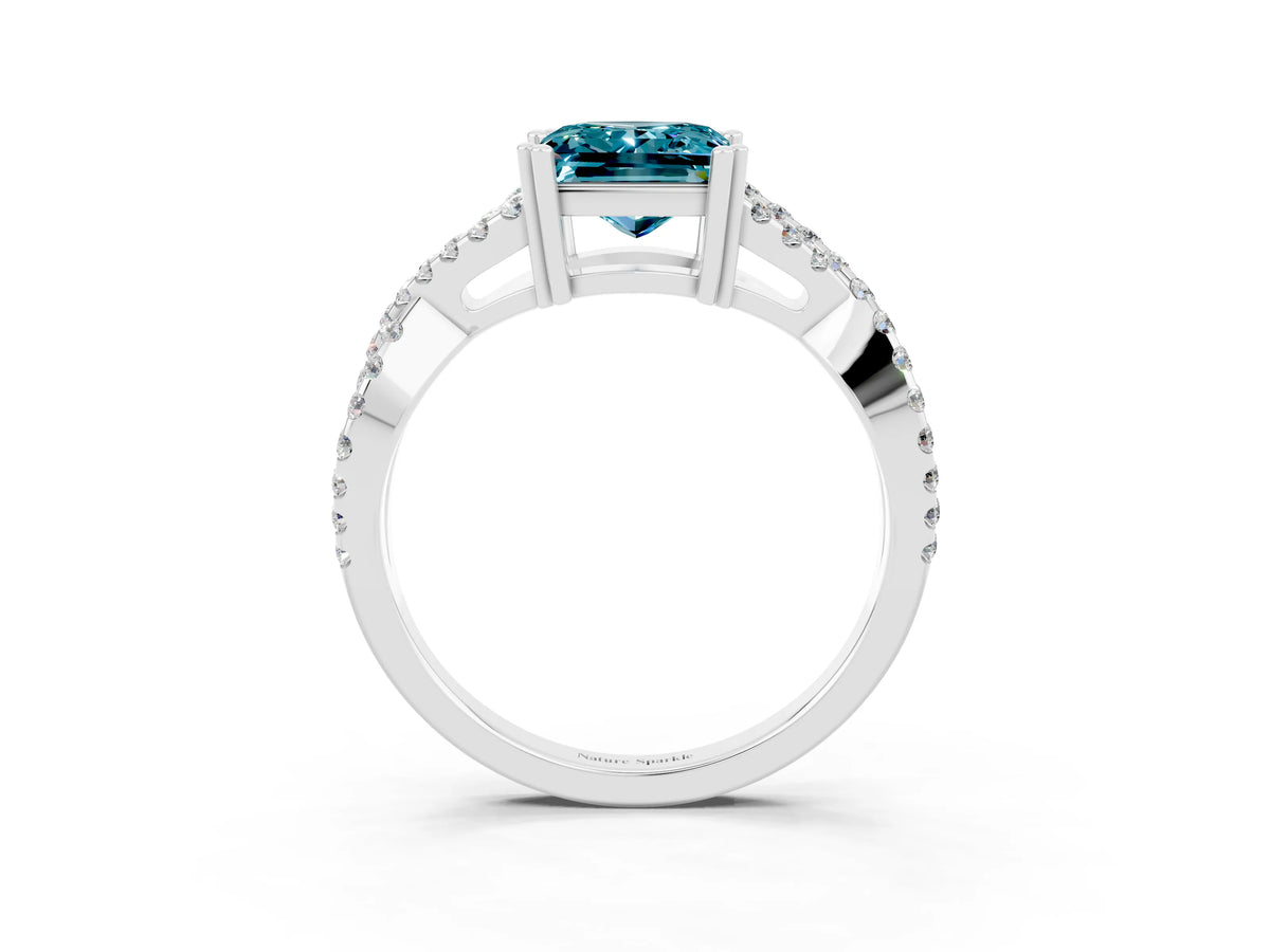 Princess Cut Blue Topaz Solitaire Ring in White gold with Interwoven Pavé Band and Prong Setting_3