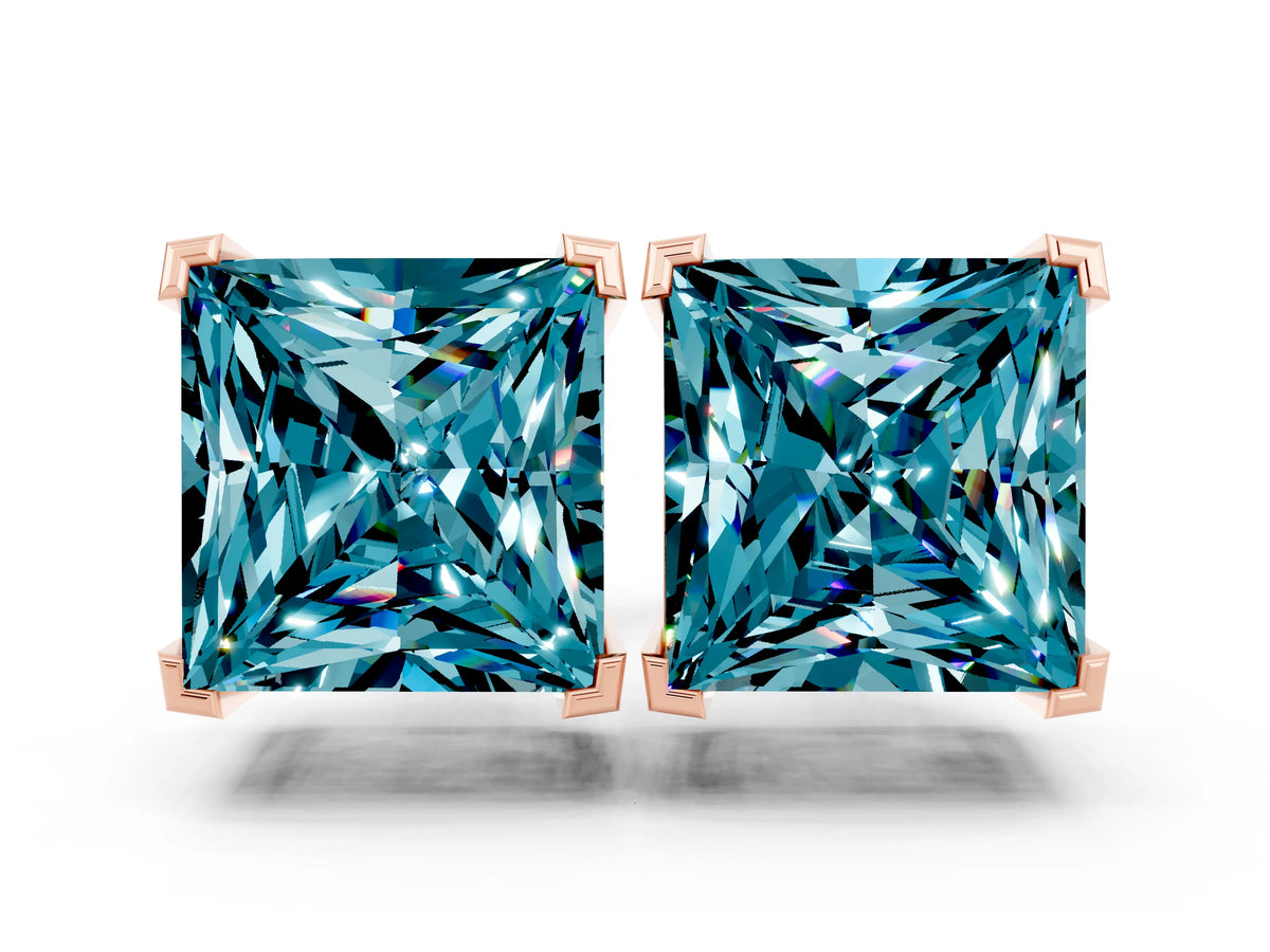 Princess Cut Blue Topaz Stud Earrings in Rose gold with Basket Setting
