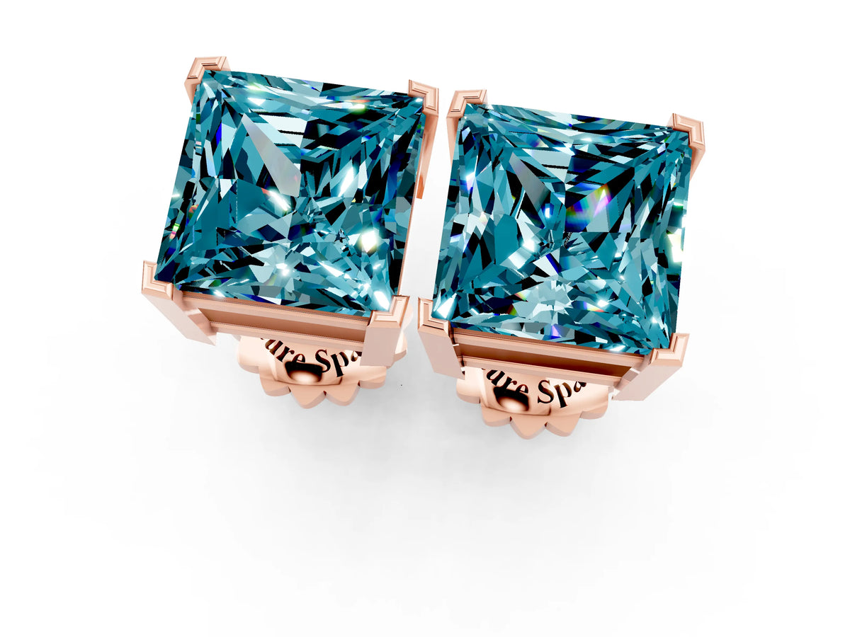 Princess Cut Blue Topaz Stud Earrings in Rose gold with Basket Setting_1