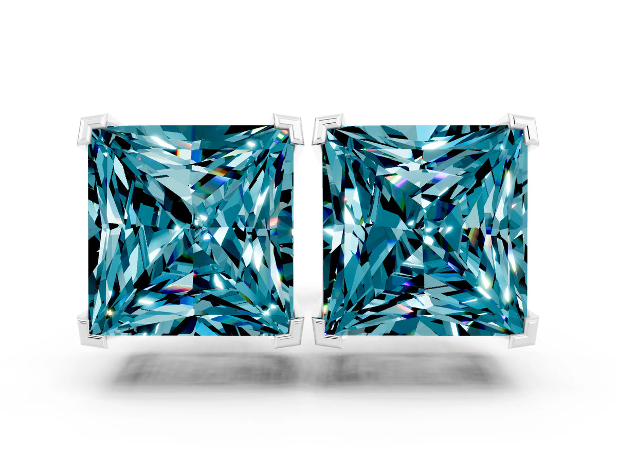 Princess Cut Blue Topaz Stud Earrings in White gold with Basket Setting
