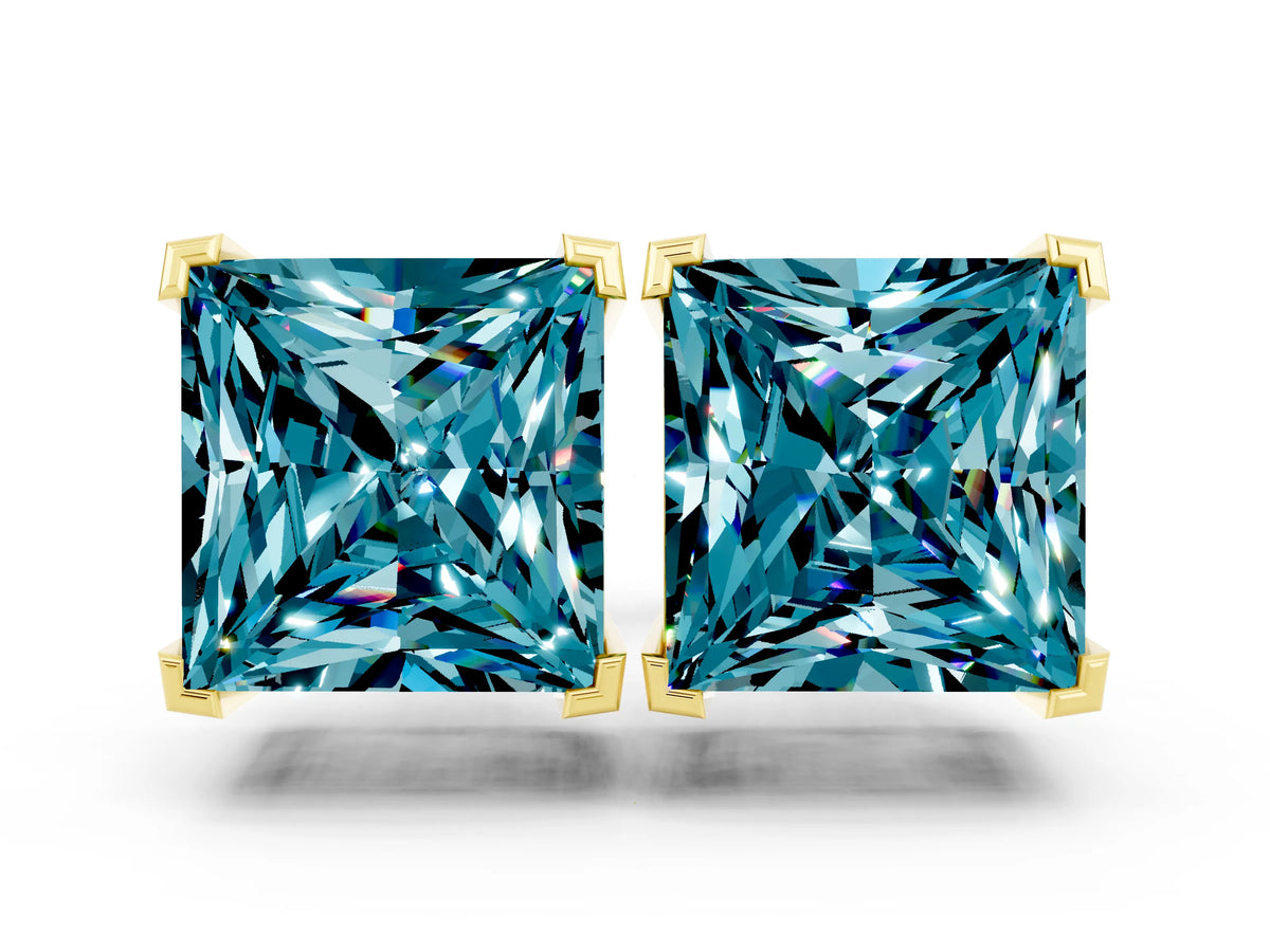 Princess Cut Blue Topaz Stud Earrings in Yellow gold with Basket Setting