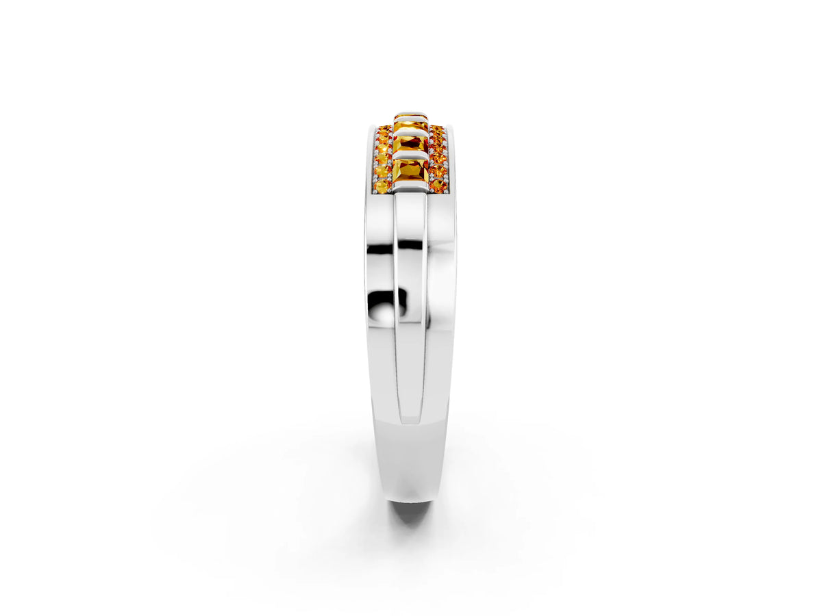 Princess Cut Citrine Bar-Set Pavé Band in Platinum with Grooved Edge Detailing_2