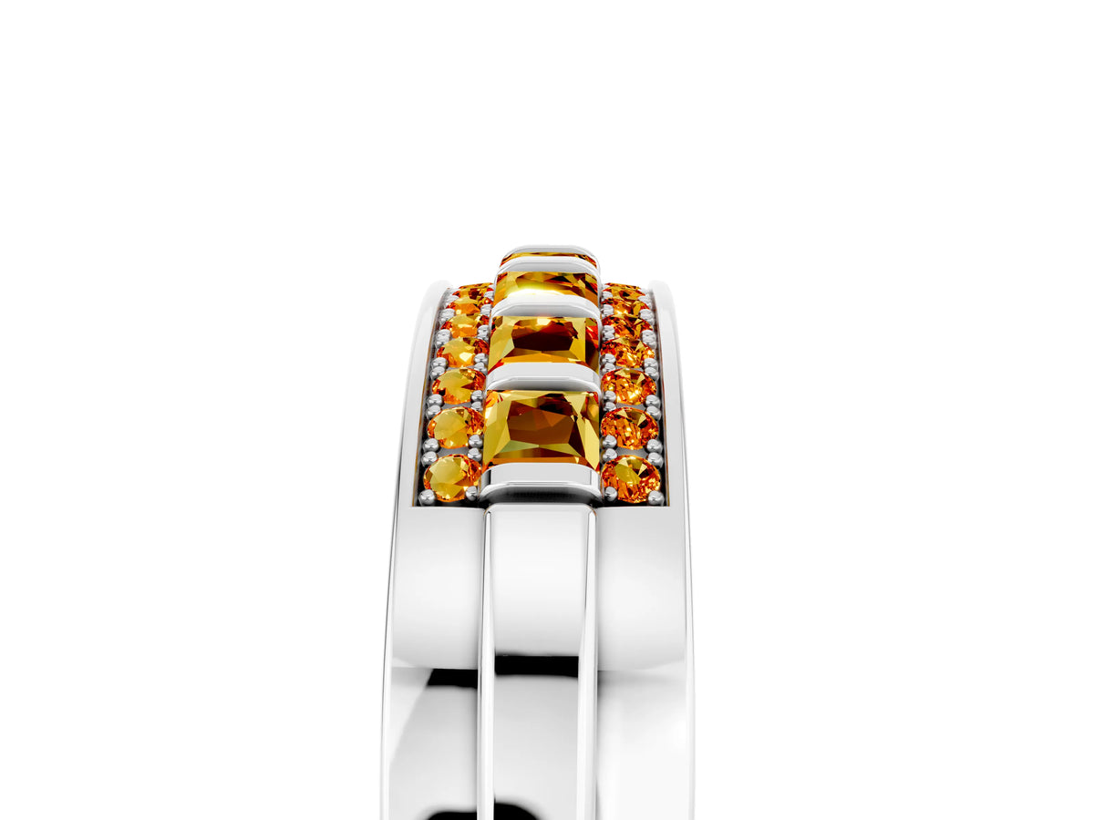 Princess Cut Citrine Bar-Set Pavé Band in Platinum with Grooved Edge Detailing_5