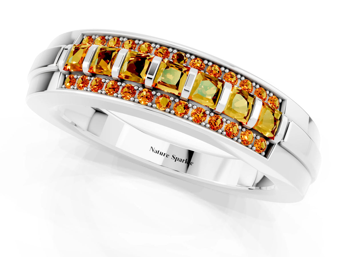 Princess Cut Citrine Bar-Set Pavé Band in Silver with Grooved Edge Detailing_1