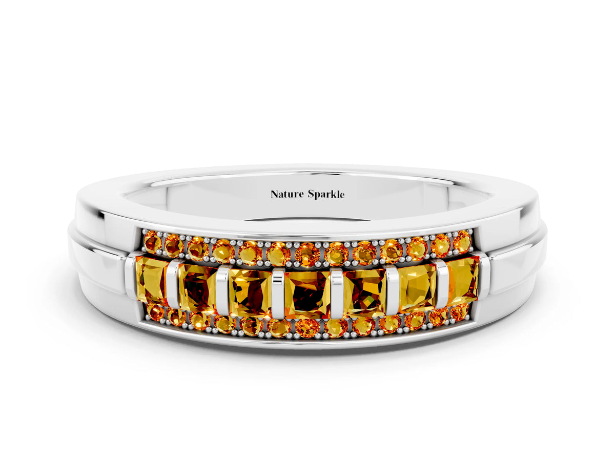 Princess Cut Citrine Bar-Set Pavé Band in White gold with Grooved Edge Detailing