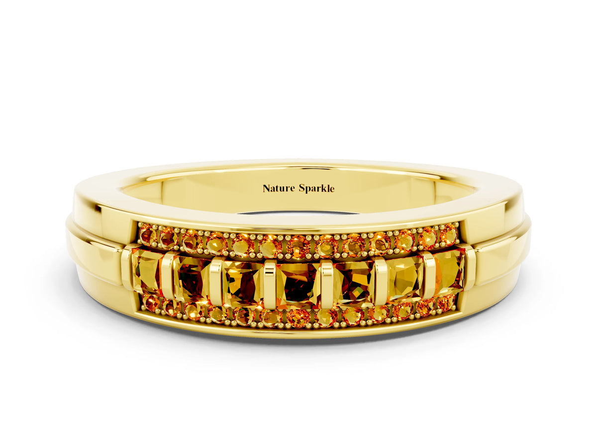 Princess Cut Citrine Bar-Set Pavé Band in Yellow gold with Grooved Edge Detailing