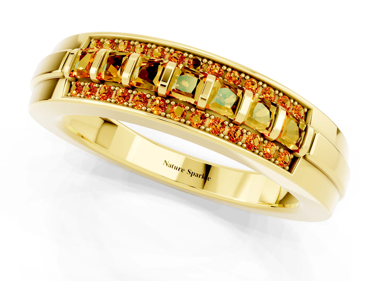 Princess Cut Citrine Bar-Set Pavé Band in Yellow gold with Grooved Edge Detailing_1