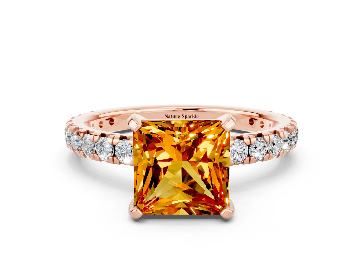 Princess Cut Citrine Pavé Solitaire Ring in Rose gold with Round Pavé Band and Prong Setting