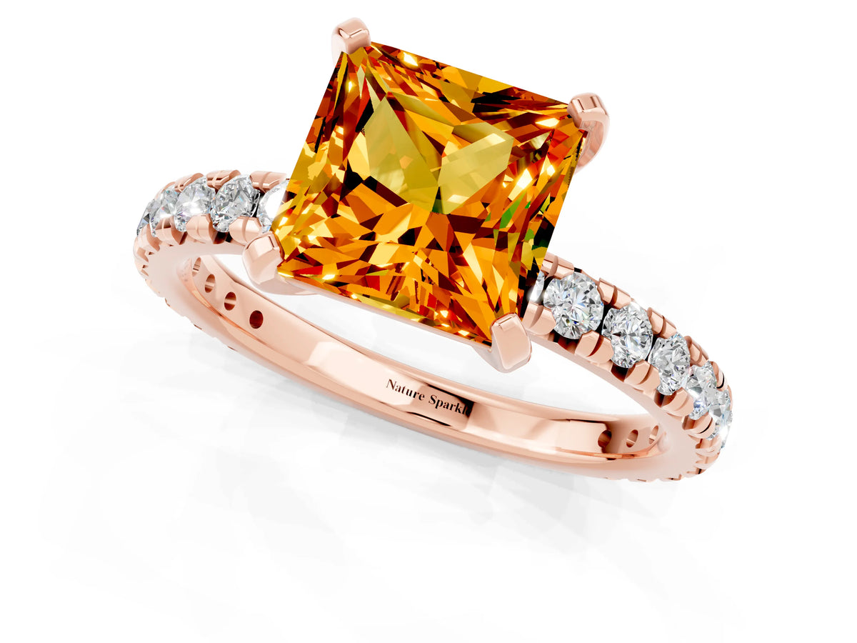 Princess Cut Citrine Pavé Solitaire Ring in Rose gold with Round Pavé Band and Prong Setting_1
