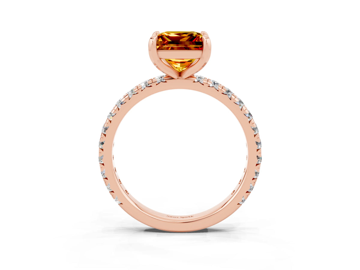 Princess Cut Citrine Pavé Solitaire Ring in Rose gold with Round Pavé Band and Prong Setting_3