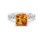 Princess Cut Citrine Pavé Solitaire Ring in White gold with Round Pavé Band and Prong Setting