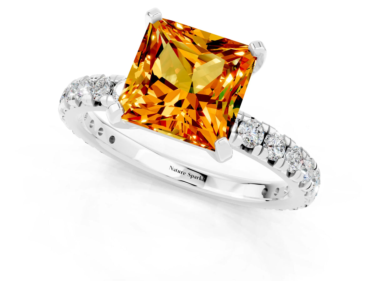 Princess Cut Citrine Pavé Solitaire Ring in White gold with Round Pavé Band and Prong Setting_1