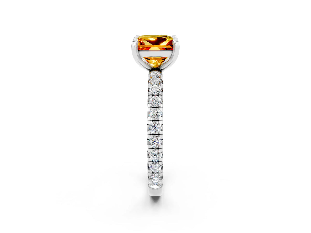 Princess Cut Citrine Pavé Solitaire Ring in White gold with Round Pavé Band and Prong Setting_2