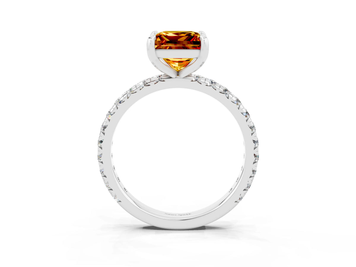 Princess Cut Citrine Pavé Solitaire Ring in White gold with Round Pavé Band and Prong Setting_3