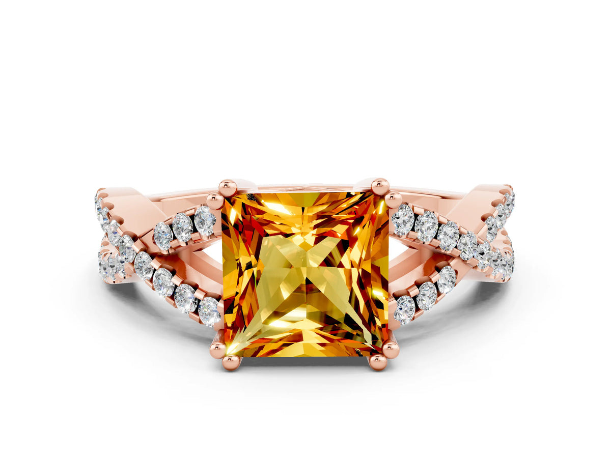 Princess Cut Citrine Solitaire Ring in Rose gold with Interwoven Pavé Band and Prong Setting