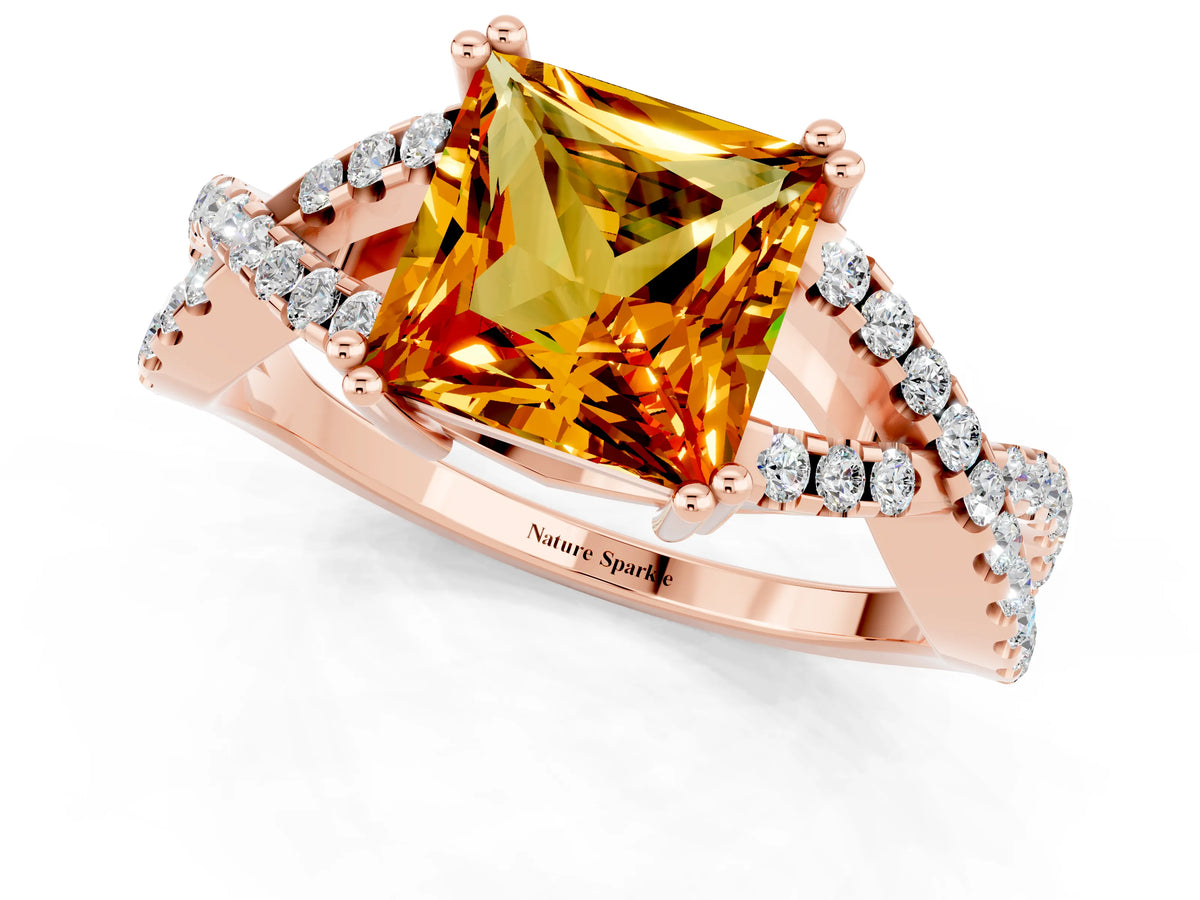 Princess Cut Citrine Solitaire Ring in Rose gold with Interwoven Pavé Band and Prong Setting_1