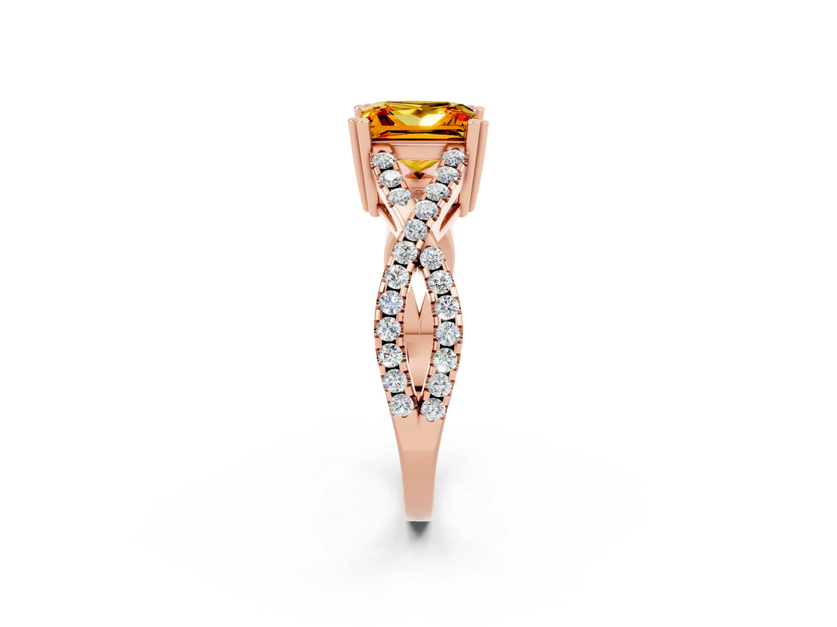 Princess Cut Citrine Solitaire Ring in Rose gold with Interwoven Pavé Band and Prong Setting_2