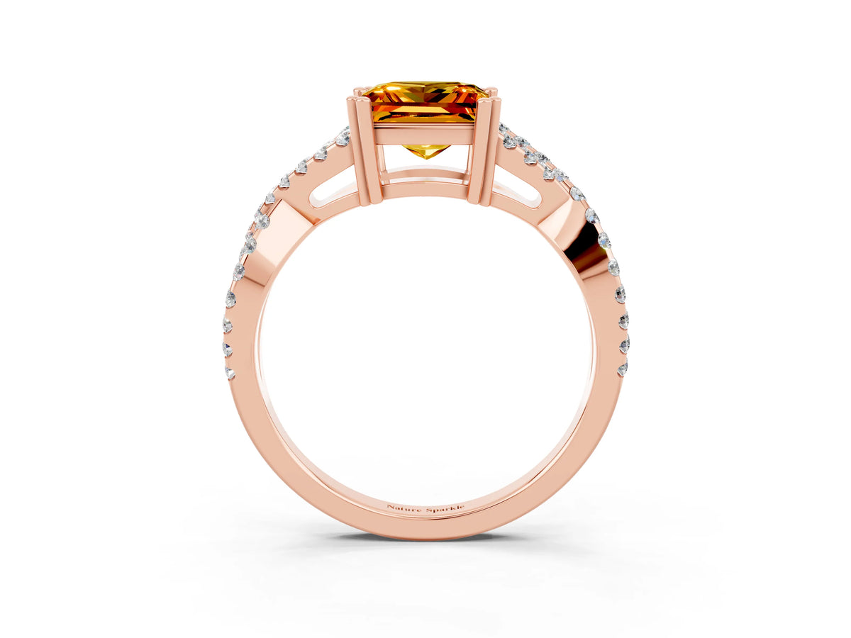 Princess Cut Citrine Solitaire Ring in Rose gold with Interwoven Pavé Band and Prong Setting_3