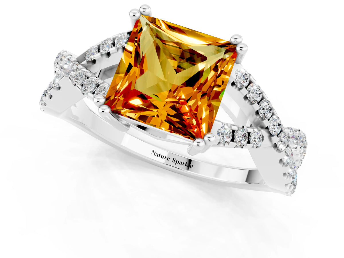Princess Cut Citrine Solitaire Ring in Silver with Interwoven Pavé Band and Prong Setting_7