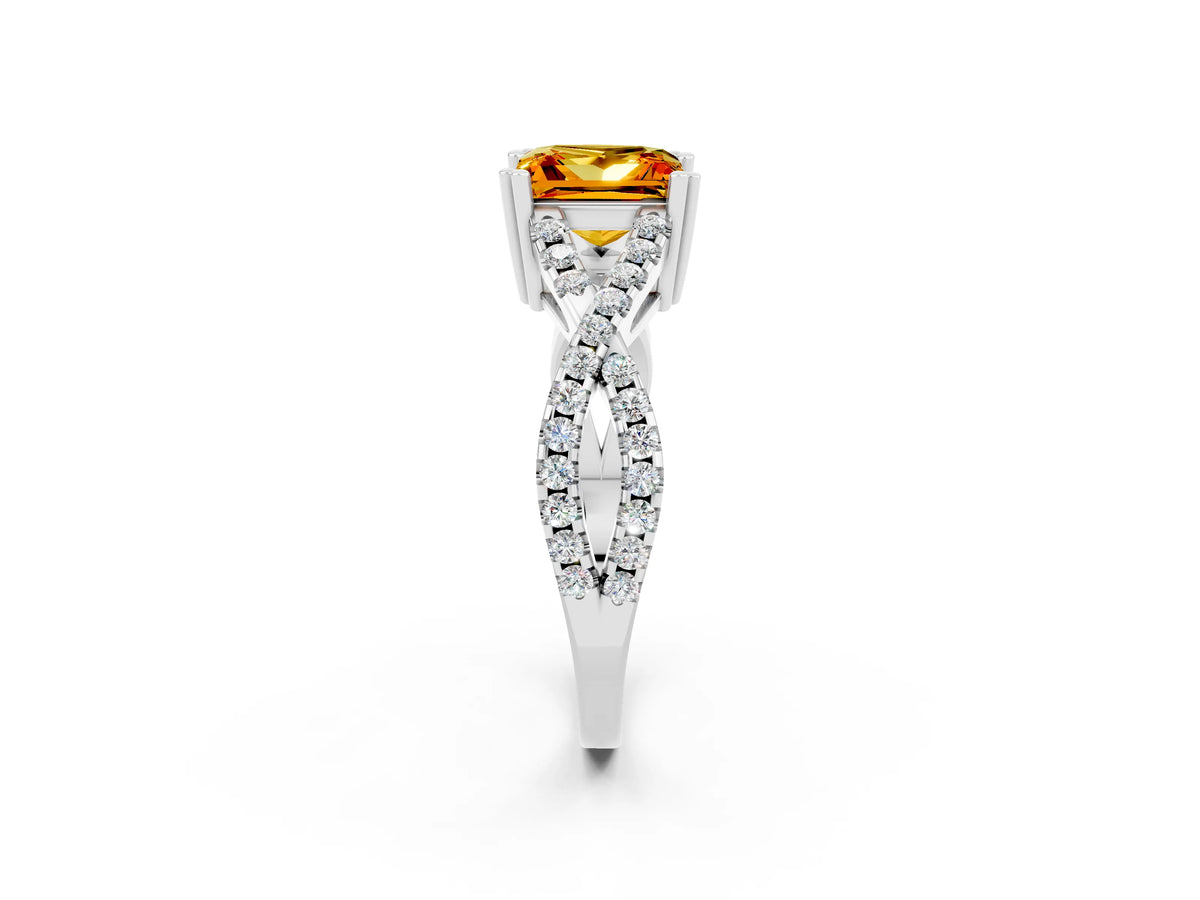 Princess Cut Citrine Solitaire Ring in Silver with Interwoven Pavé Band and Prong Setting_8