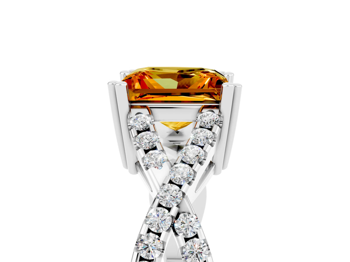 Princess Cut Citrine Solitaire Ring in White gold with Interwoven Pavé Band and Prong Setting_5