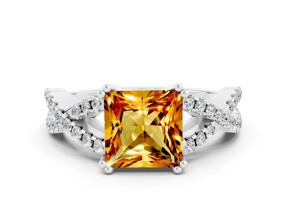 Princess Cut Citrine Solitaire Ring in White gold with Interwoven Pavé Band and Prong Setting
