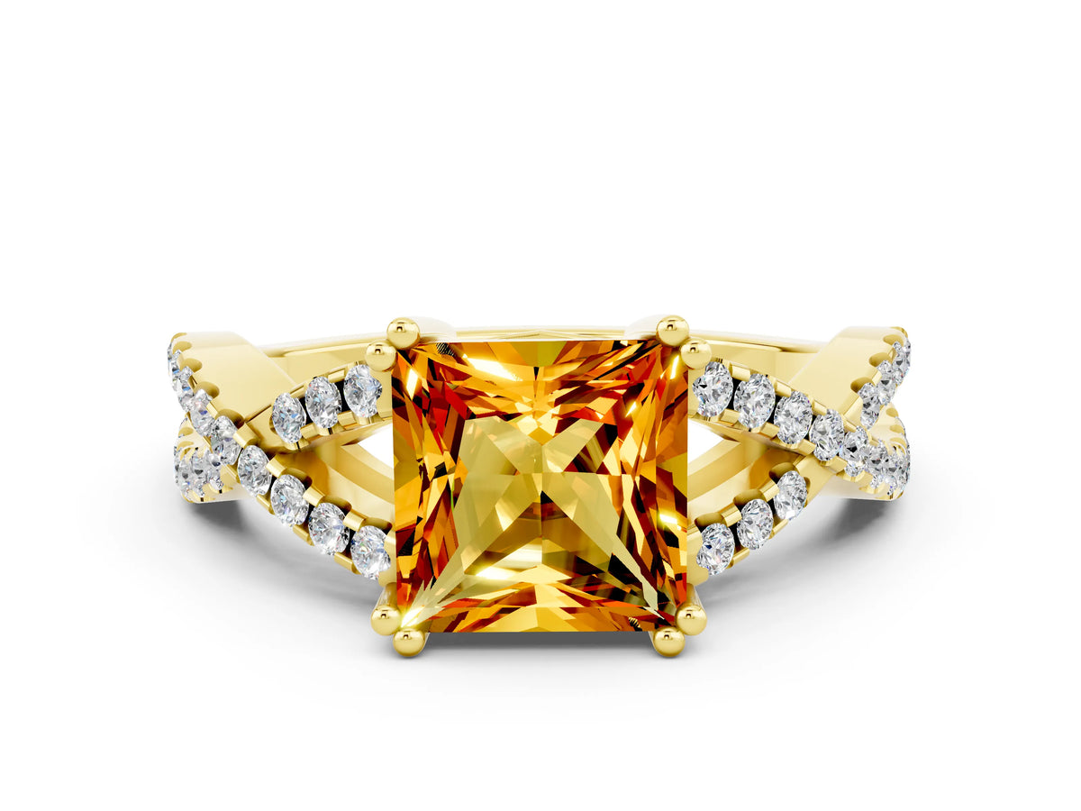 Princess Cut Citrine Solitaire Ring in Yellow gold with Interwoven Pavé Band and Prong Setting