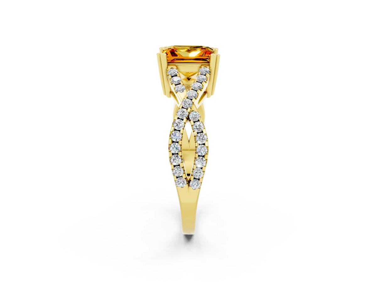 Princess Cut Citrine Solitaire Ring in Yellow gold with Interwoven Pavé Band and Prong Setting_2