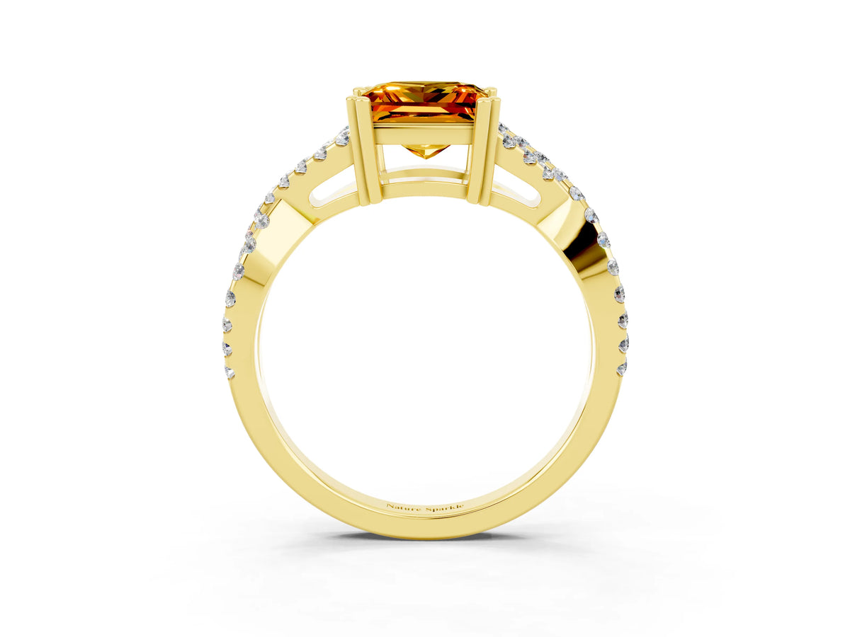 Princess Cut Citrine Solitaire Ring in Yellow gold with Interwoven Pavé Band and Prong Setting_3