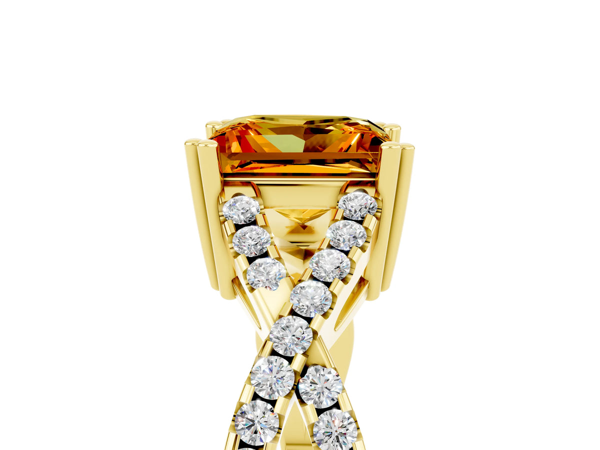 Princess Cut Citrine Solitaire Ring in Yellow gold with Interwoven Pavé Band and Prong Setting_5
