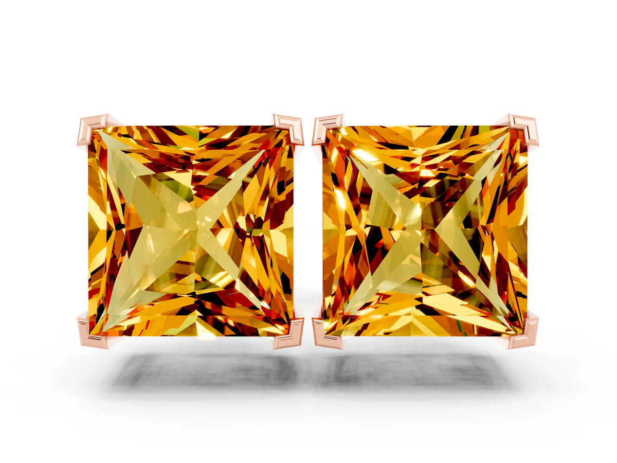 Princess Cut Citrine Stud Earrings in Rose gold with Basket Setting