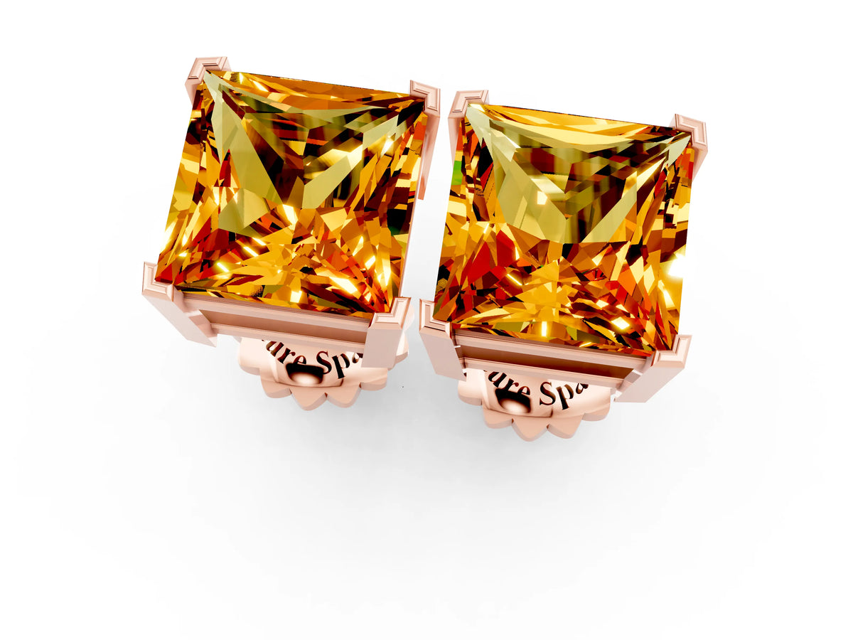 Princess Cut Citrine Stud Earrings in Rose gold with Basket Setting_1