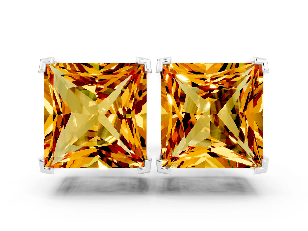 Princess Cut Citrine Stud Earrings in White gold with Basket Setting