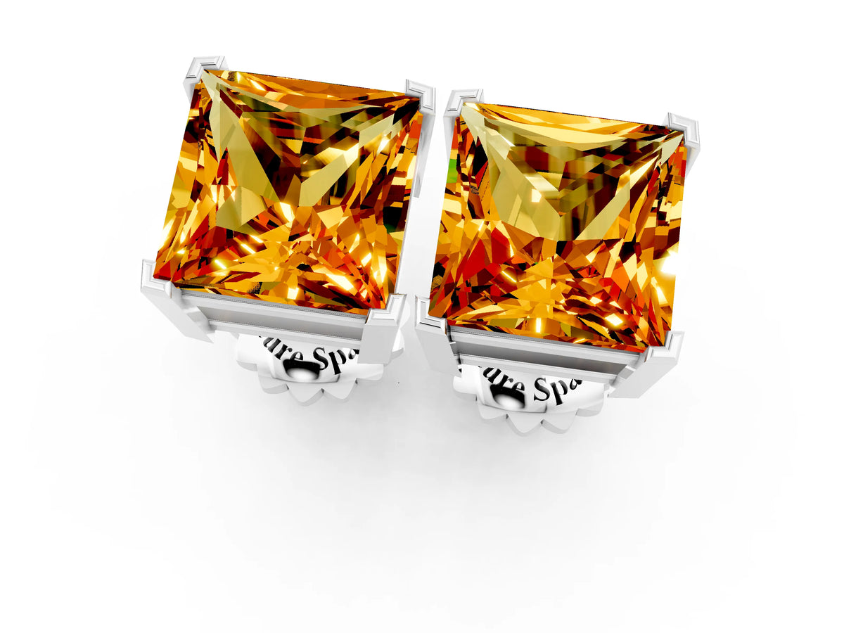 Princess Cut Citrine Stud Earrings in White gold with Basket Setting_1