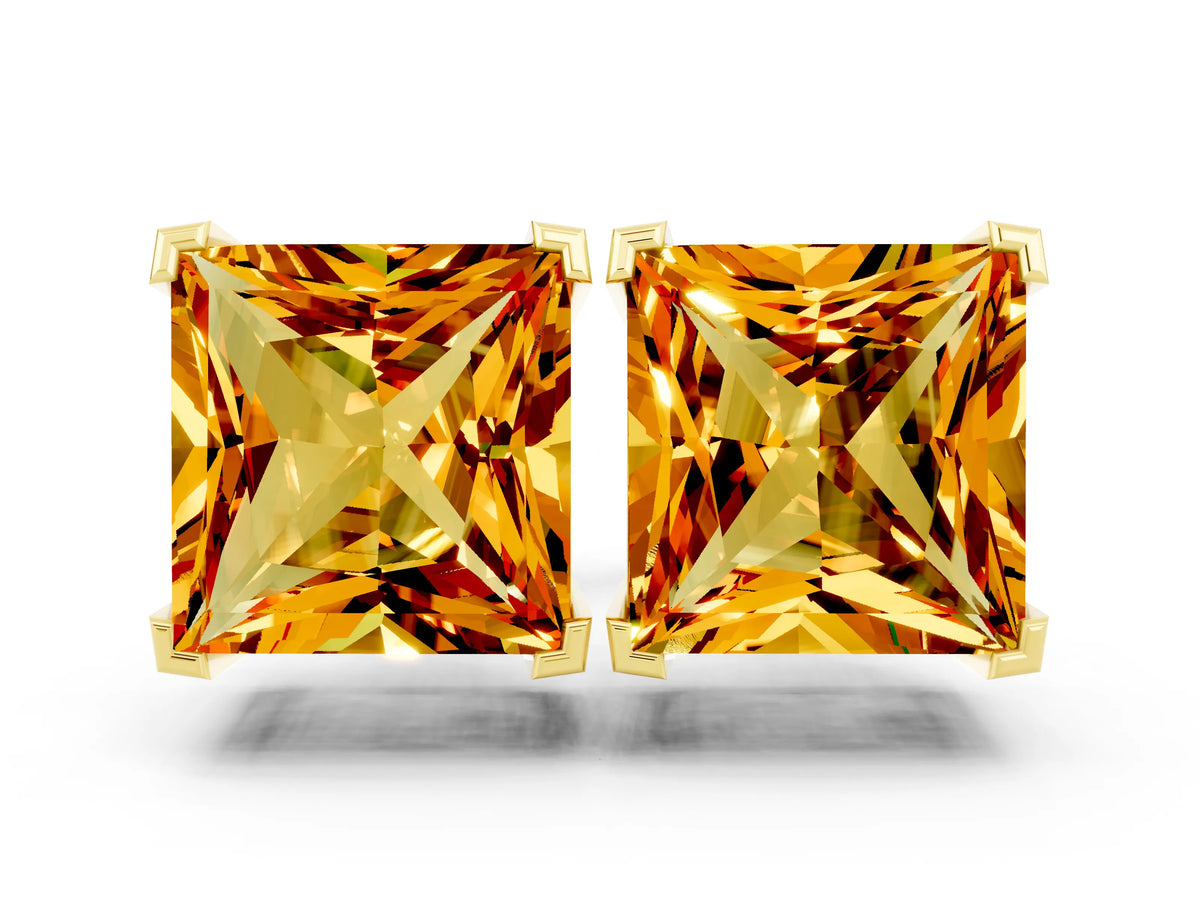 Princess Cut Citrine Stud Earrings in Yellow gold with Basket Setting