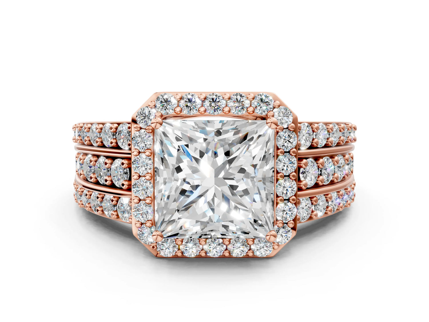 Princess Cut Diamond Halo Engagement Ring in Rose gold with Triple-Row Round Band_18