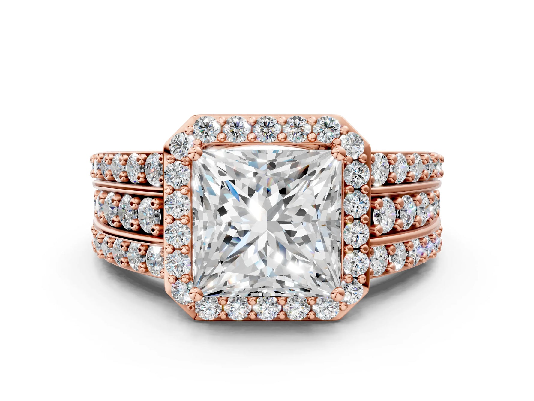 Princess Cut Diamond Halo Engagement Ring in Rose gold with Triple-Row Round Band_18