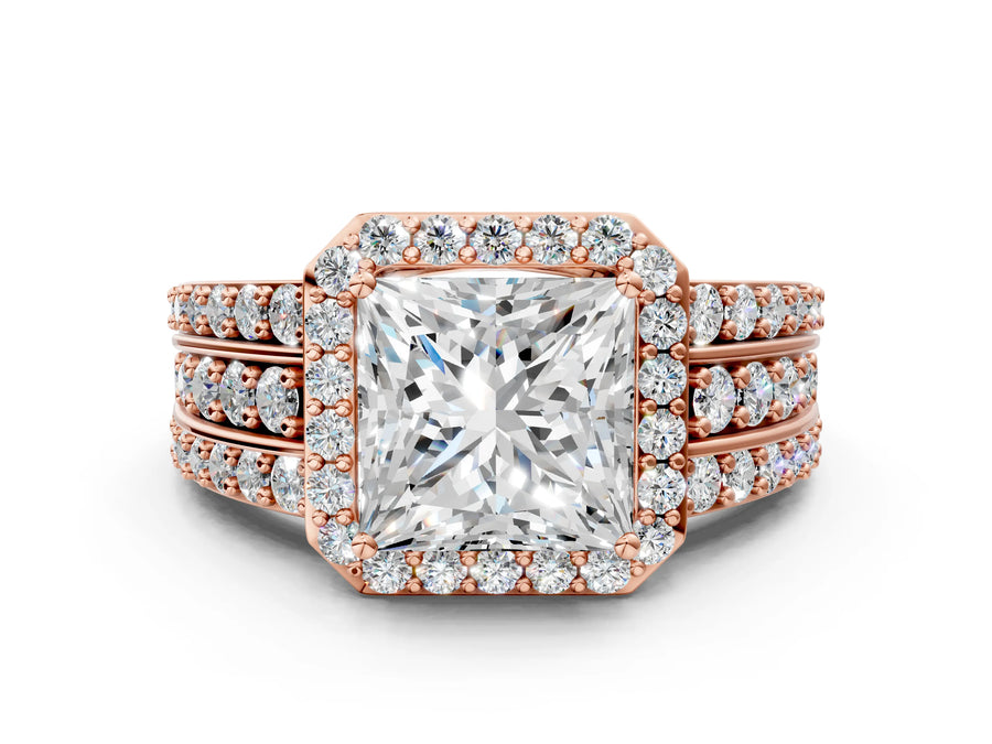 Princess Cut Diamond Halo Engagement Ring in Rose gold with Triple-Row Round Band